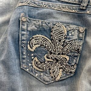 Embellished Denim Jeans with Fleur-de-Lis Design